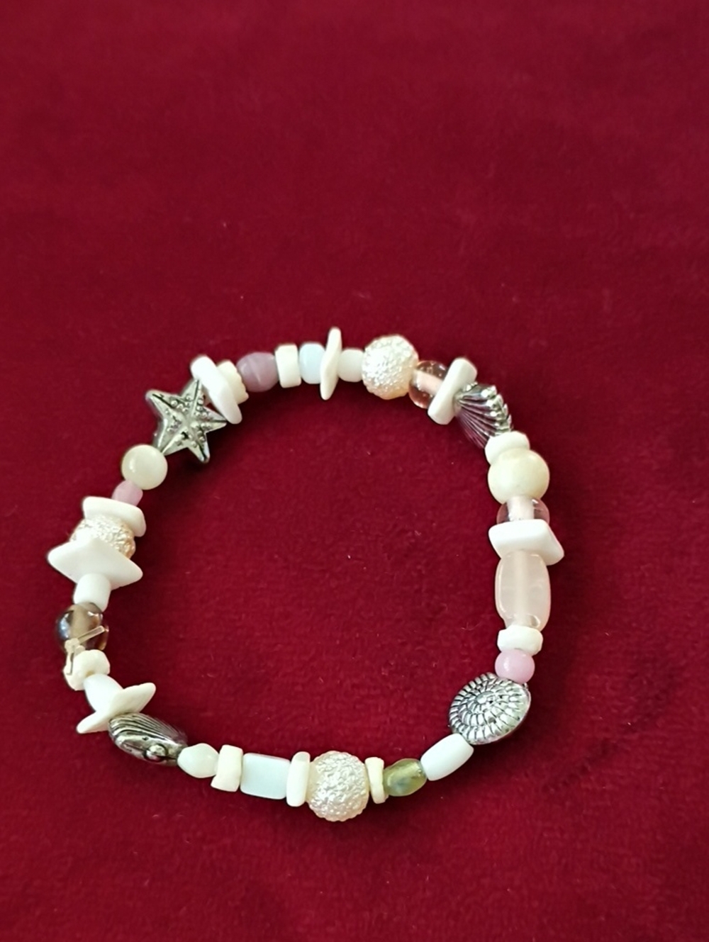 White Beaded Stretch Bracelet with Silver Accents
